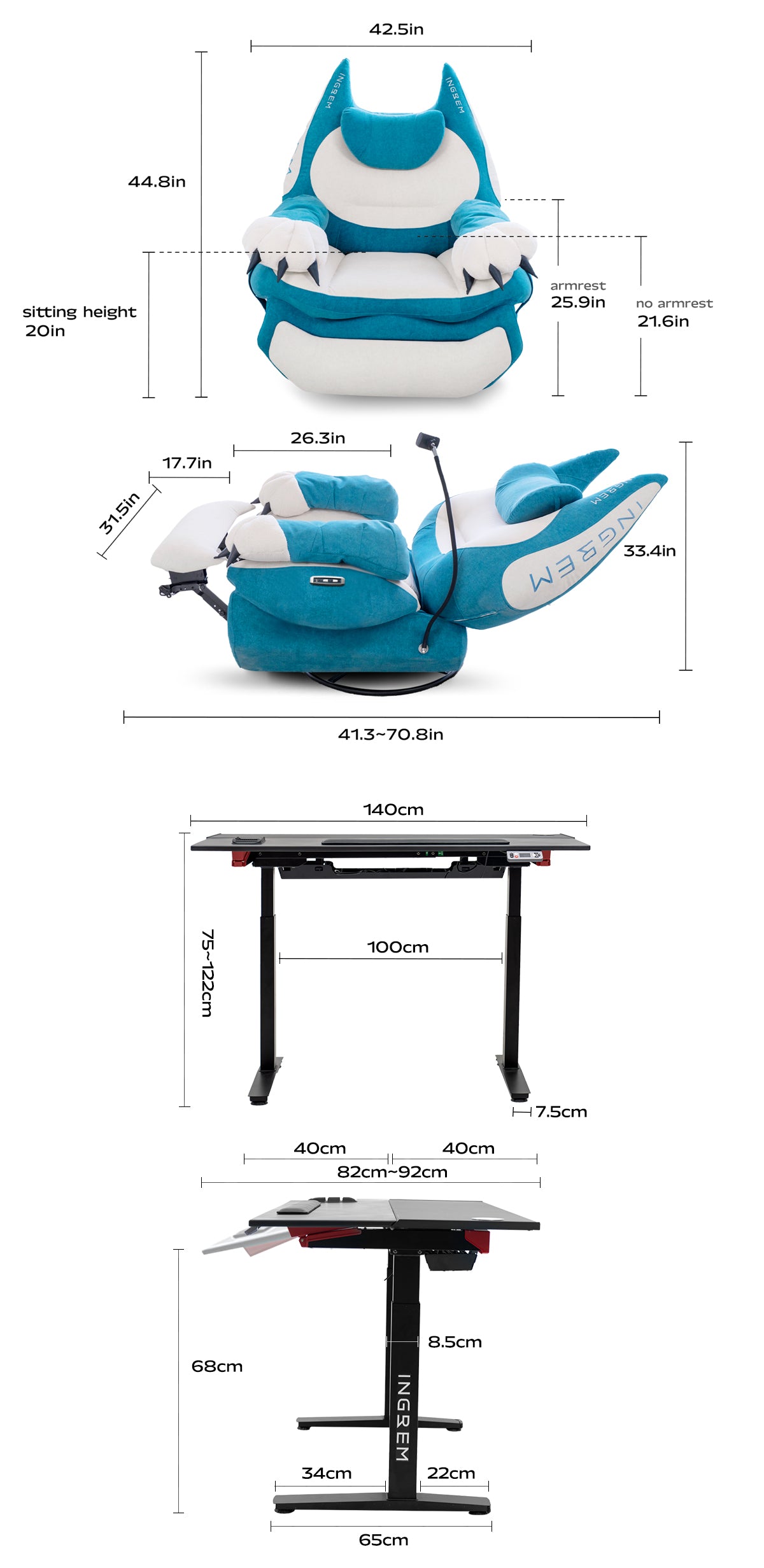 Fat Cat Recliner + Tilt Desk Bundle dimensions