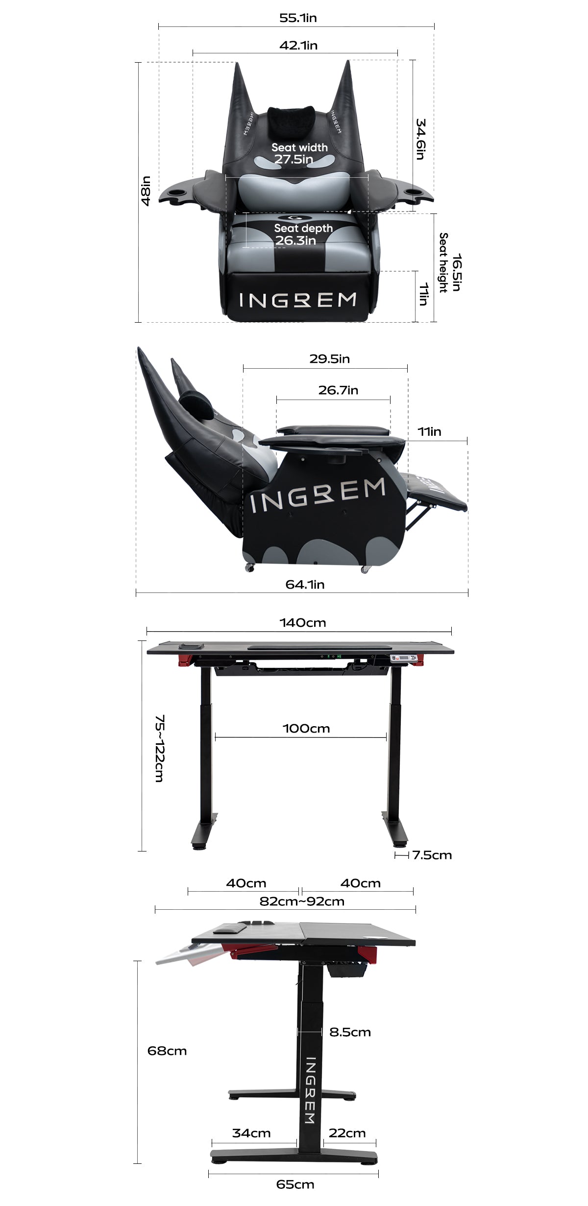 Bat Cat Recliner+Tilt Desk Bundle dimensions